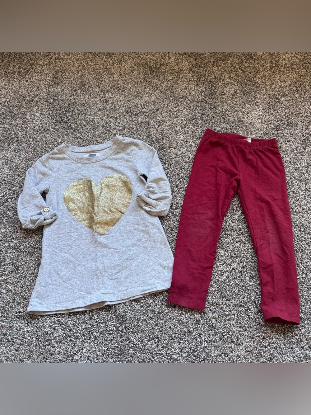 Girls Gray Tunic with Gold Heart and Burgundy Leggings
